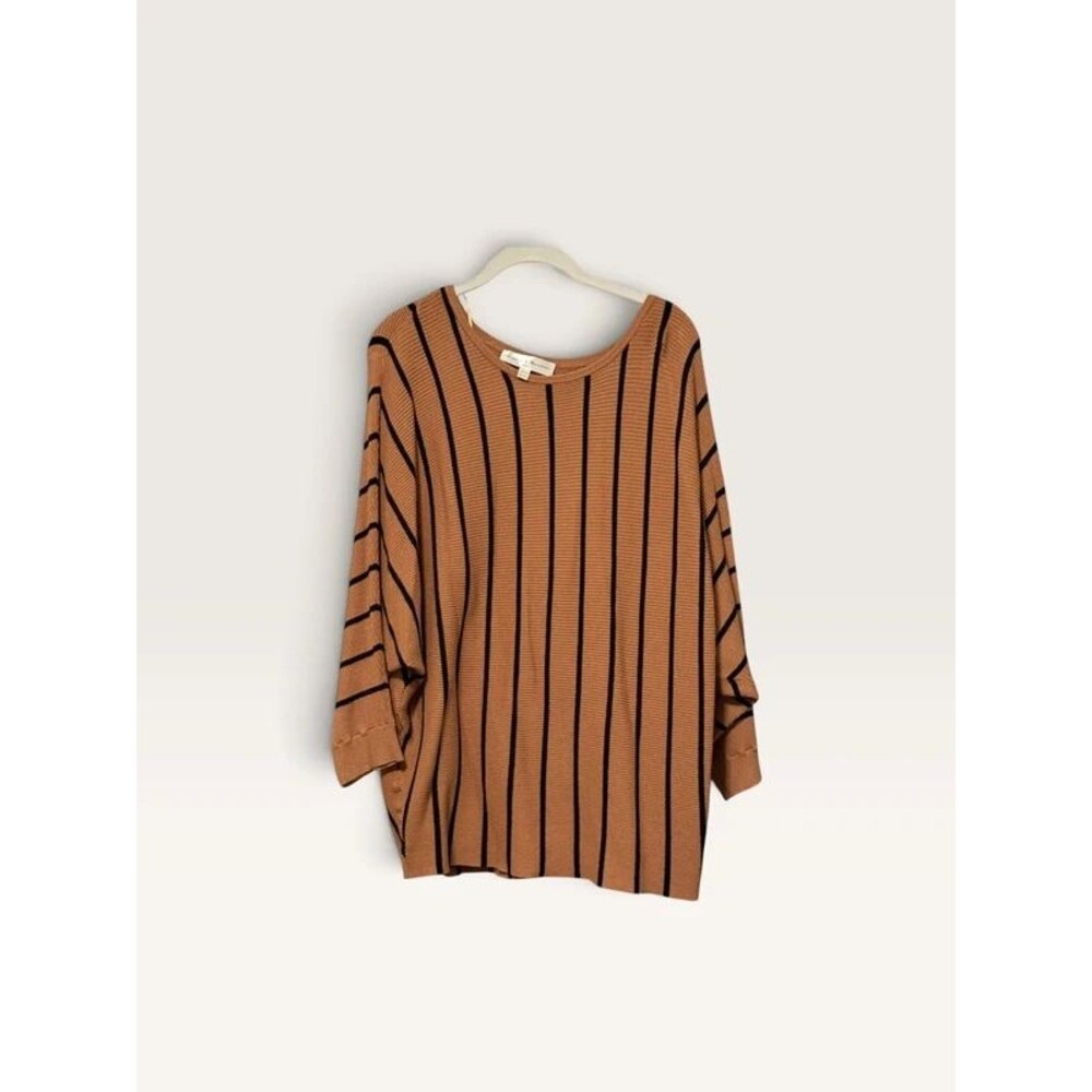 Chelsea & Theodore Woman Tan Black Striped Dolman Sleeve Knit Sweater 2X